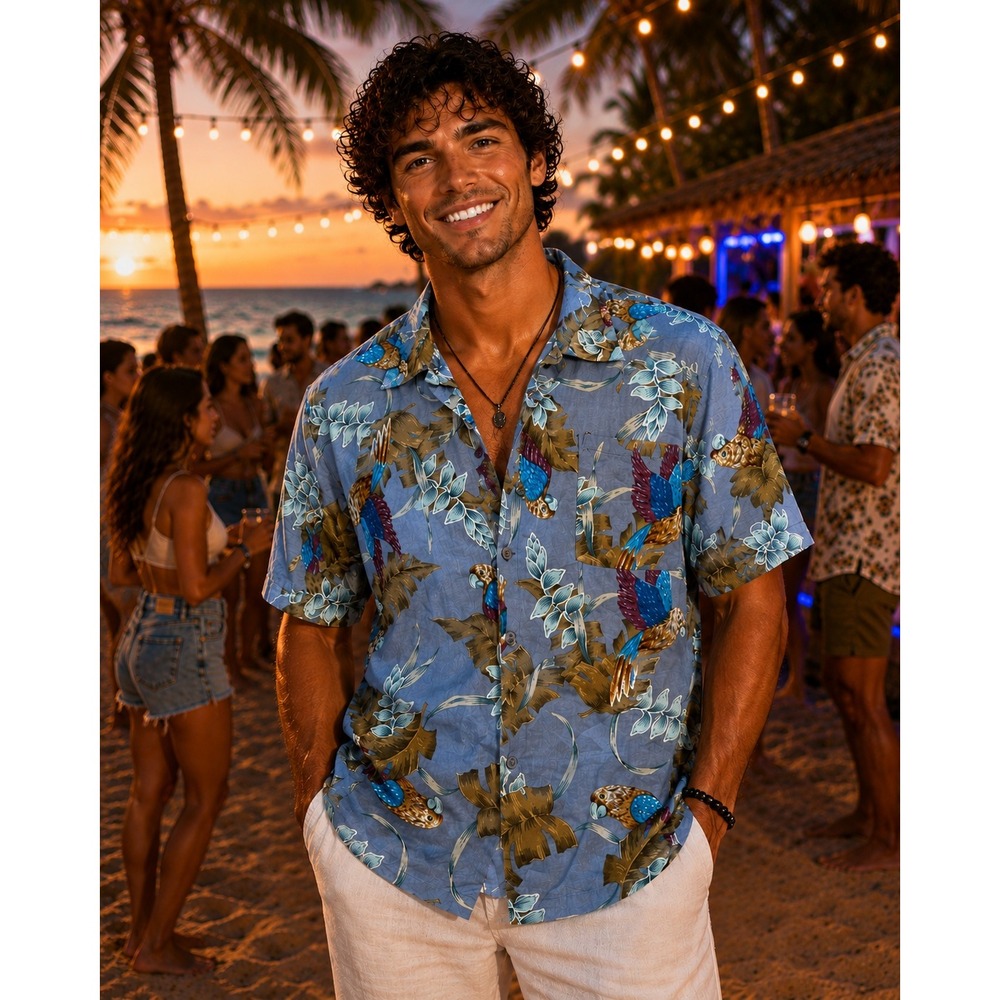 Hawaii Blues Mens XL Parrot Tropical Print Cotton Button Down Shirt Blue
